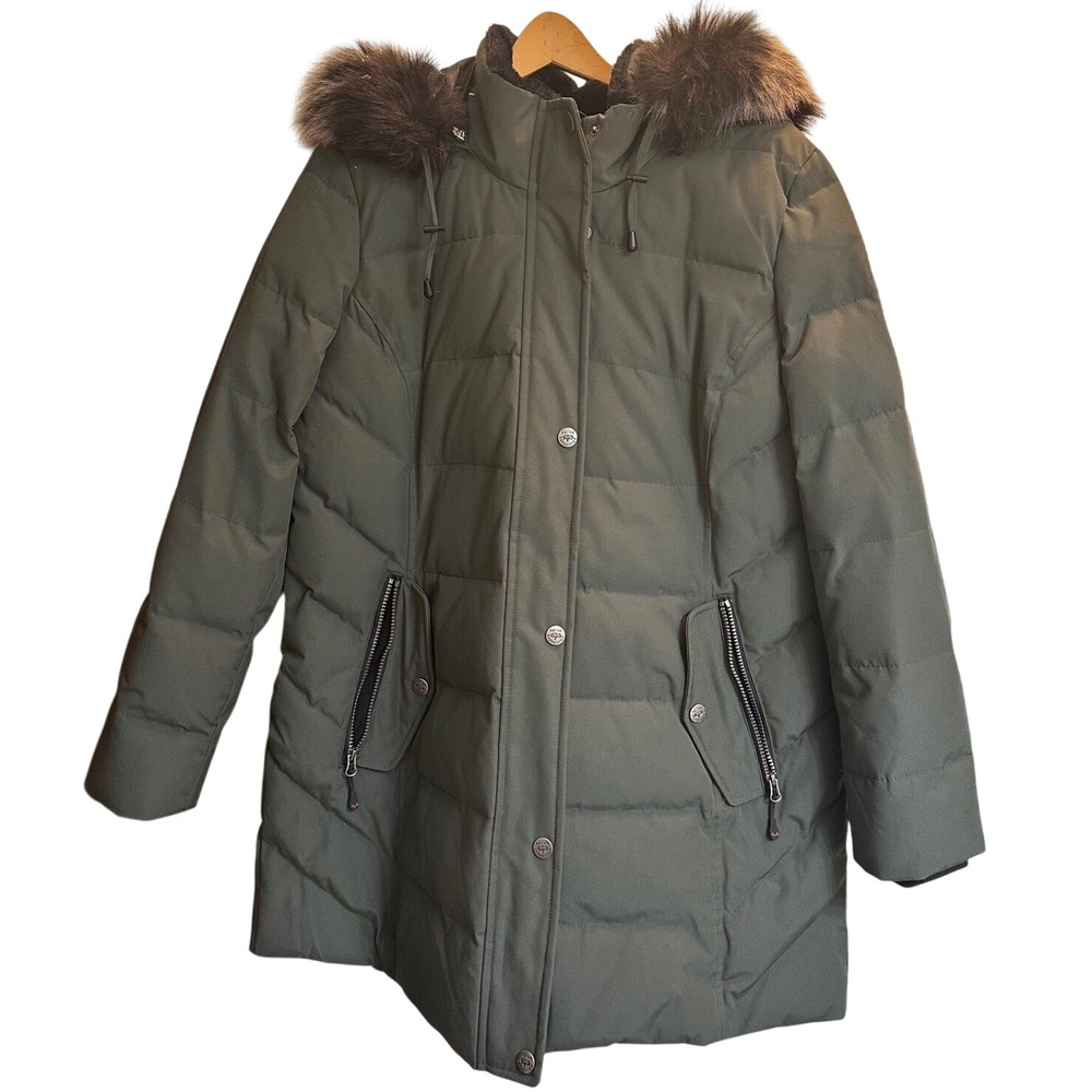 Arctic Expedition Womens Down Quilted Parka Olive Green Faux Fur Hood Large